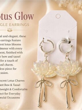 Iridescent White Lotus Dangle Earrings with Gold Tassel